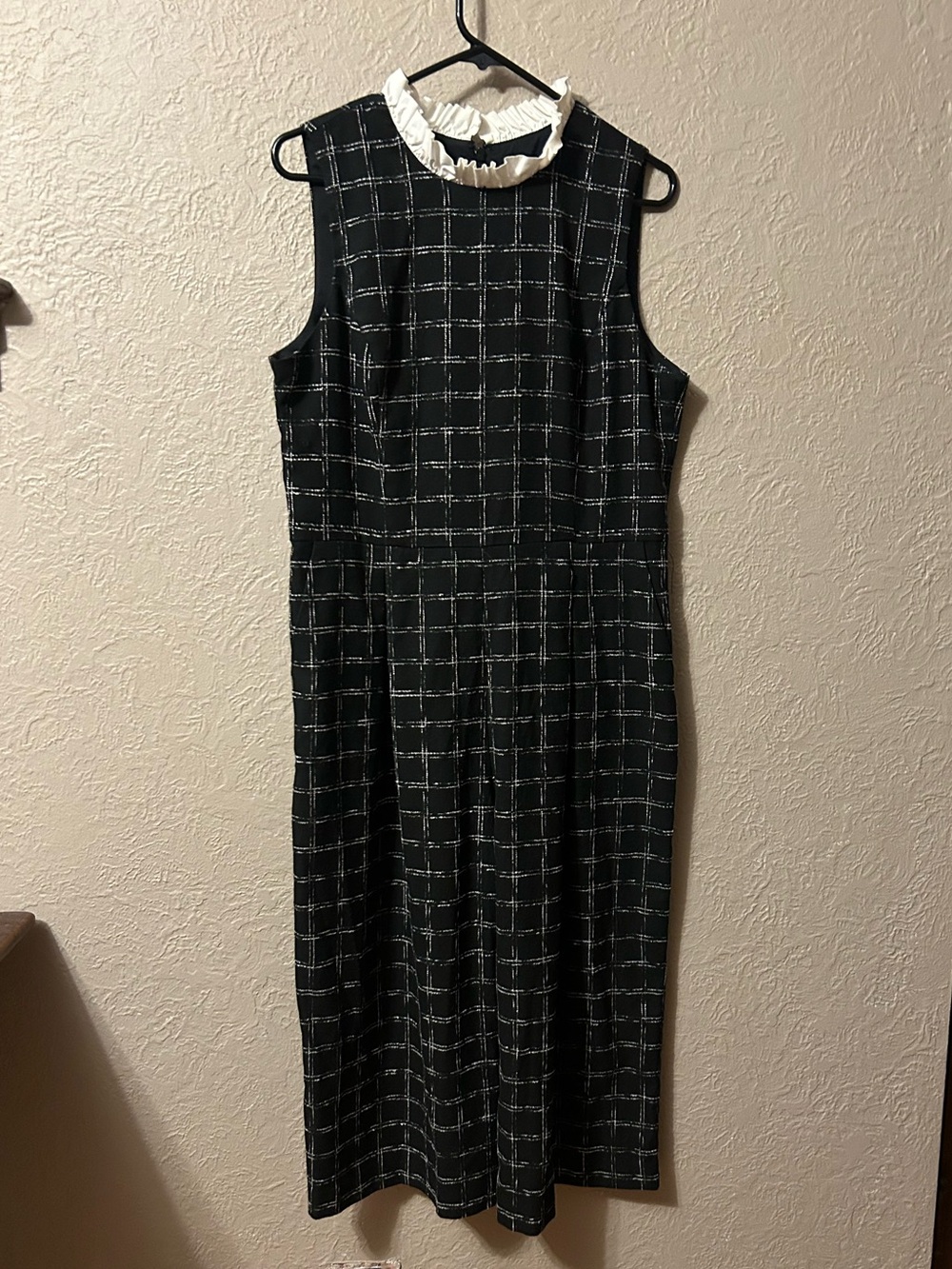 1901 Black Checked Midi Dress with White Ruffle Collar